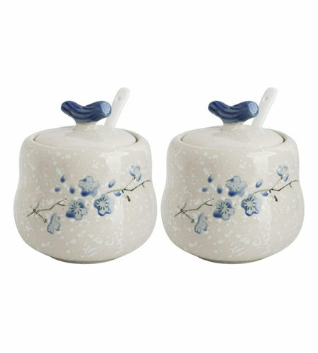 YMYL Ceramic Sugar Bowl Set 2 Blue Floral 13.5oz with Lid & Spoon Retro