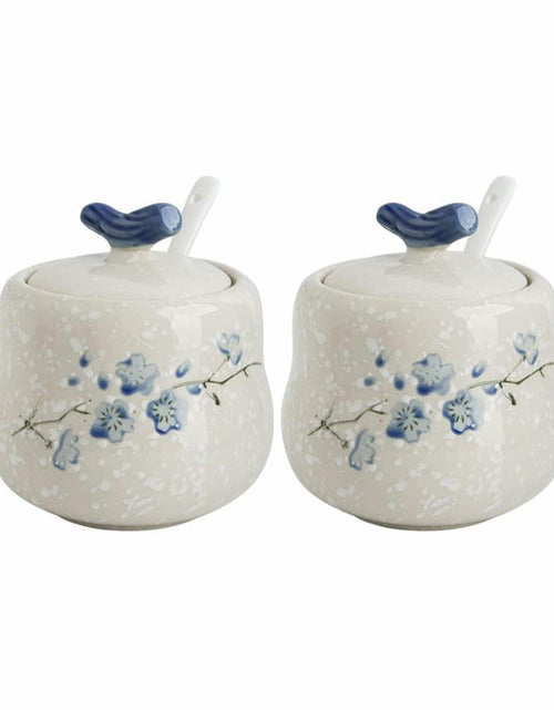 Load image into Gallery viewer, YMYL Ceramic Sugar Bowl Set 2 Blue Floral 13.5oz with Lid &amp; Spoon Retro
