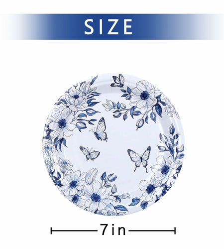 Pandecor 50 Blue White Floral Disposable Paper Plates 7in Butterfly Theme