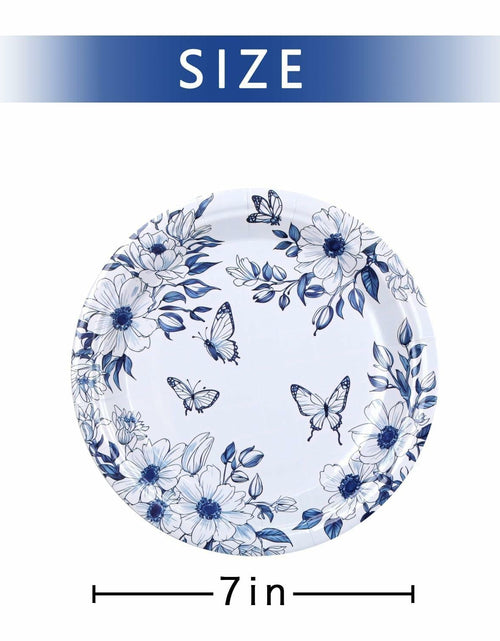 Load image into Gallery viewer, Pandecor 50 Blue White Floral Disposable Paper Plates 7in Butterfly Theme
