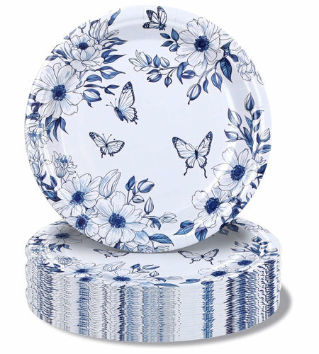 Pandecor 50 Blue White Floral Disposable Paper Plates 7in Butterfly Theme