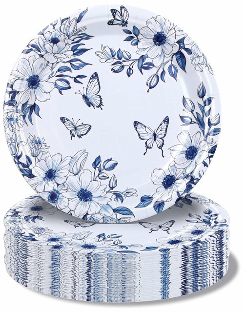 Load image into Gallery viewer, Pandecor 50 Blue White Floral Disposable Paper Plates 7in Butterfly Theme

