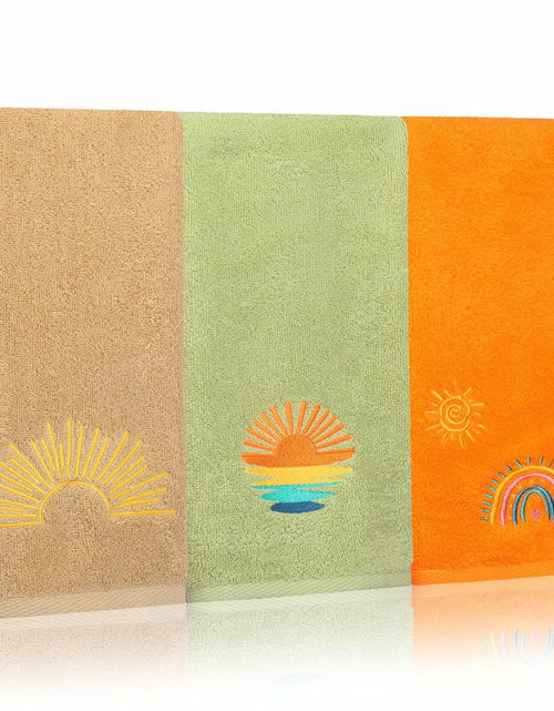 Load image into Gallery viewer, Fanfanwin Boho Embroidered Cotton Hand Towels 14x29 Inch Sun Moon Rainbow 3 Pc
