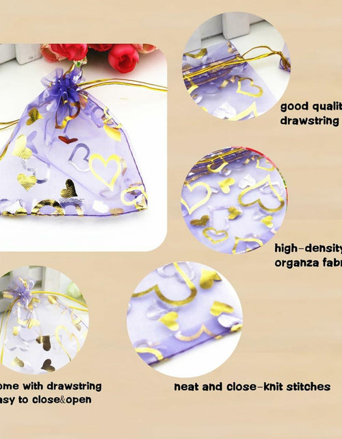 Load image into Gallery viewer, QIANHAILIZZ 100 pcs 3.5x4.7in Flower Heart Organza Gift Pouch Lilac Gold
