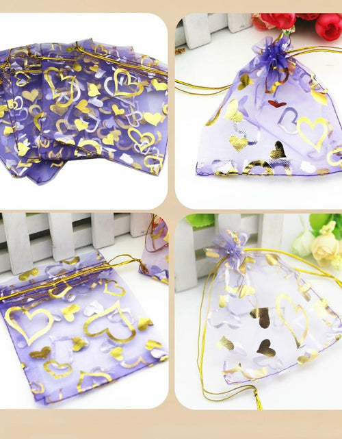 Load image into Gallery viewer, QIANHAILIZZ 100 pcs 3.5x4.7in Flower Heart Organza Gift Pouch Lilac Gold
