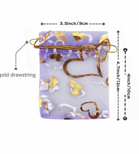 QIANHAILIZZ 100 pcs 3.5x4.7in Flower Heart Organza Gift Pouch Lilac Gold