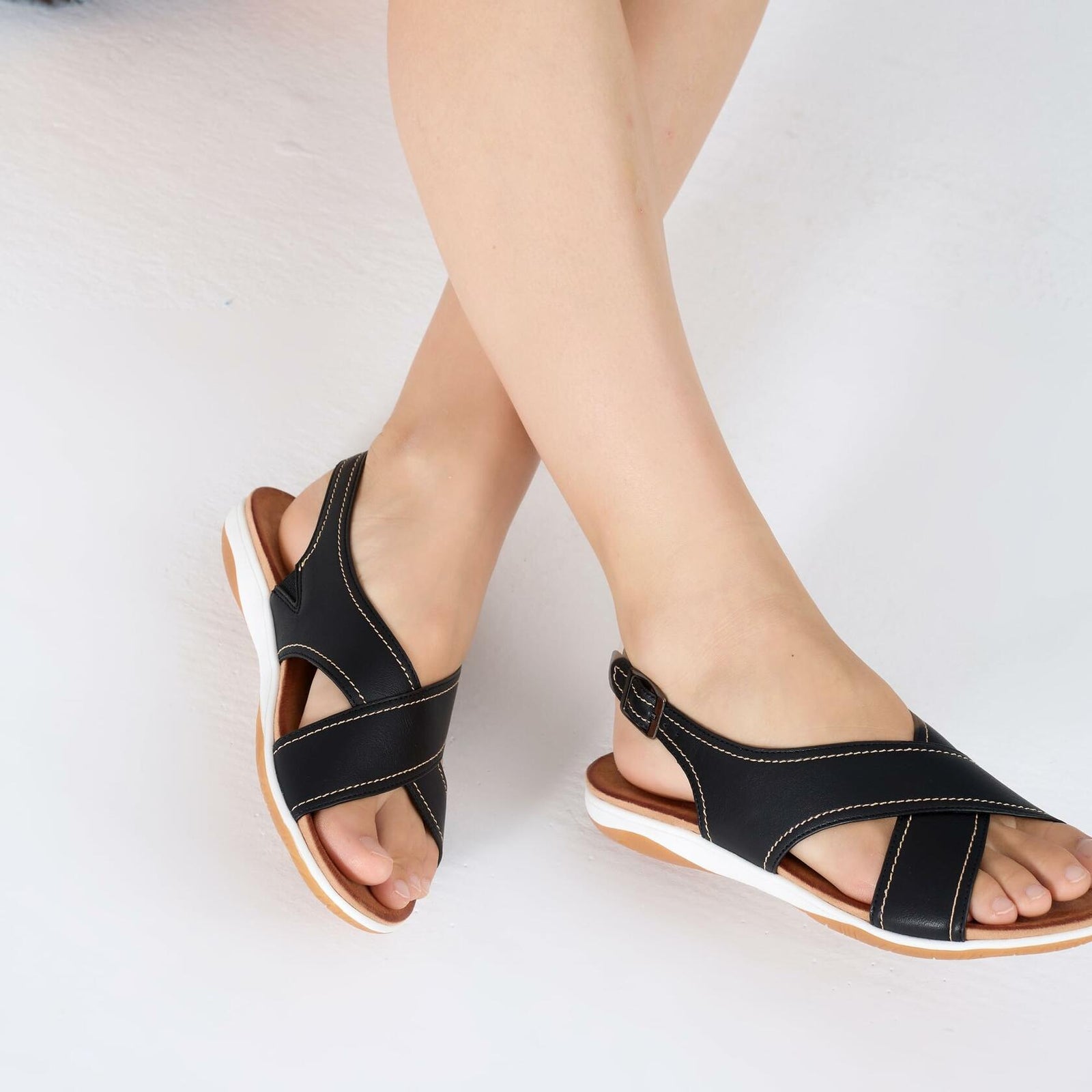 UBFEN Womens Flat Sandals Arch Support Slingback Black Size 8