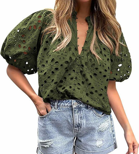 Chapsor Women's Casual Summer Blouse V Neck Eyelet Embroidery Army Green Size S