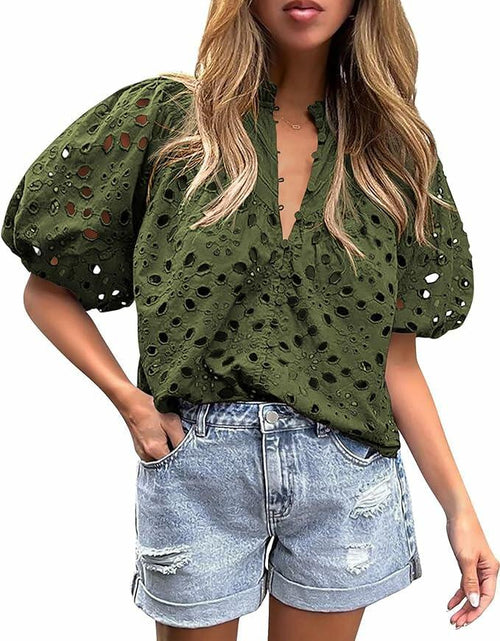 Load image into Gallery viewer, Chapsor Women's Casual Summer Blouse V Neck Eyelet Embroidery Army Green Size S
