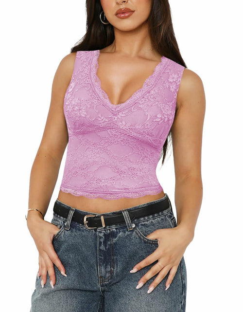 Load image into Gallery viewer, SAUNGKUAI Women's Sexy V Neck Sleeveless Lace Floral Top Bluenova Size M
