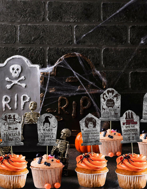 Load image into Gallery viewer, LeeSky 32Pcs Halloween Gravestone Cupcake Toppers Orange Black Purple Paper
