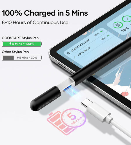 COOSTART Stylus Pen for iPad 9th&10th Gen, 5 Min Fast Charge, Black