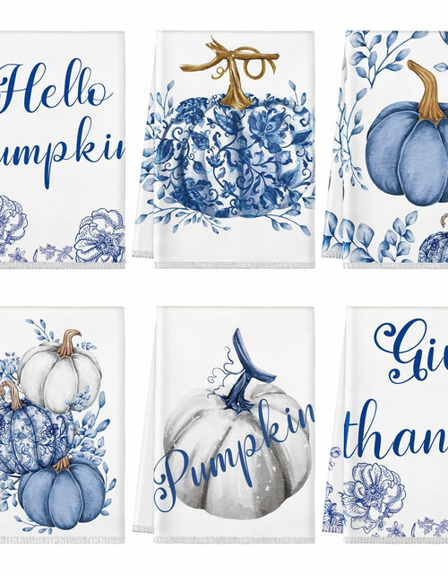 Load image into Gallery viewer, Kinlop 6 Pcs Fall Thanksgiving Blue White Pumpkin Kitchen Towels 16x26 Inch
