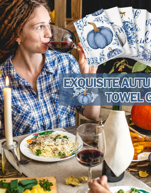 Load image into Gallery viewer, Kinlop 6 Pcs Fall Thanksgiving Blue White Pumpkin Kitchen Towels 16x26 Inch
