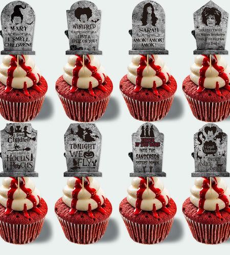 LeeSky 32Pcs Halloween Gravestone Cupcake Toppers Orange Black Purple Paper