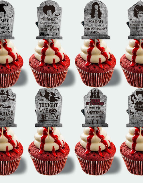 Load image into Gallery viewer, LeeSky 32Pcs Halloween Gravestone Cupcake Toppers Orange Black Purple Paper

