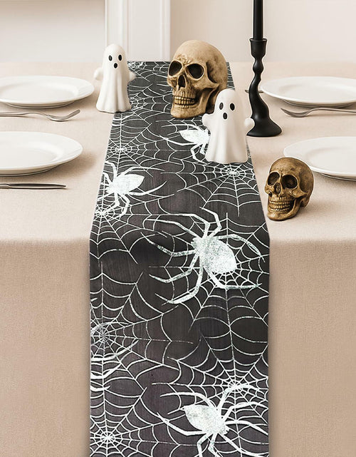 Load image into Gallery viewer, Sioloc Halloween Table Runner Silver Spider Web 13x72 Inch Black Polyester
