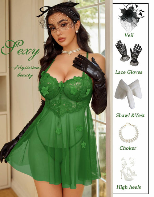 Load image into Gallery viewer, Avidlove Women's Lace Mesh Babydoll Chemise Lingerie Green Size S
