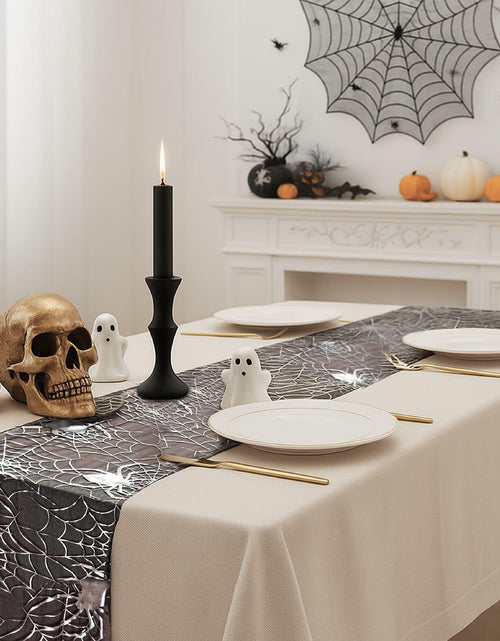Load image into Gallery viewer, Sioloc Halloween Table Runner Silver Spider Web 13x72 Inch Black Polyester
