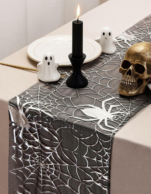 Load image into Gallery viewer, Sioloc Halloween Table Runner Silver Spider Web 13x72 Inch Black Polyester
