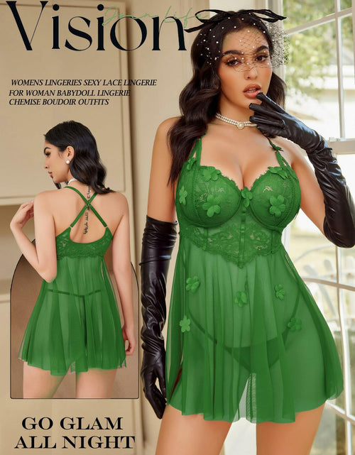Load image into Gallery viewer, Avidlove Women's Lace Mesh Babydoll Chemise Lingerie Green Size S
