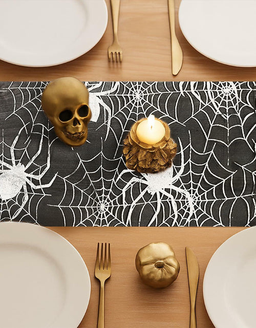 Load image into Gallery viewer, Sioloc Halloween Table Runner Silver Spider Web 13x72 Inch Black Polyester
