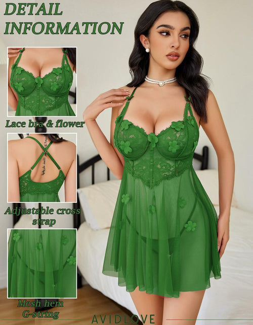 Load image into Gallery viewer, Avidlove Women's Lace Mesh Babydoll Chemise Lingerie Green Size S
