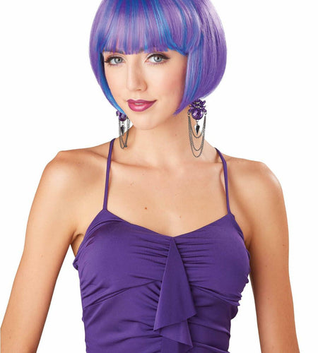 JUST FOR PARTY 13" Short Bob Synthetic Wig with Flat Bangs Purple Blue