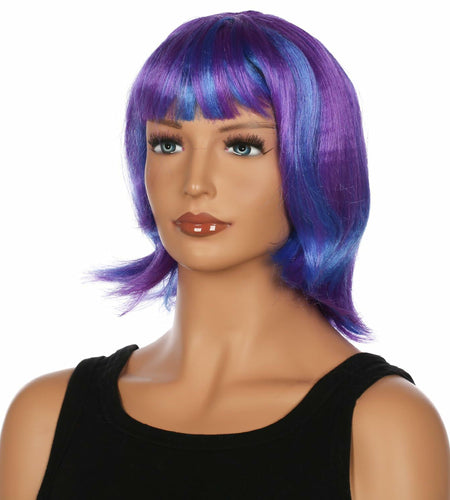 JUST FOR PARTY 13" Short Bob Synthetic Wig with Flat Bangs Purple Blue
