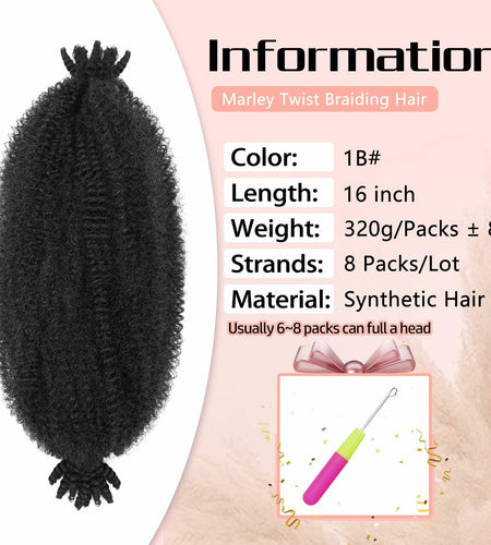 MCNJM Springy Afro Twist Marley Braiding Hair 16 Inch 8 Packs 1B#