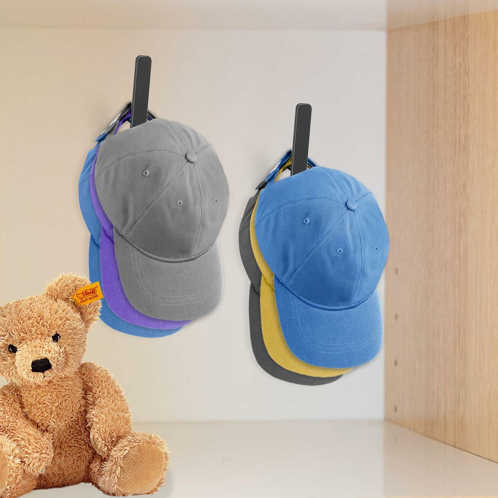 PEDORUBY Wall Mount Hat Rack Hooks for Baseball Caps 3 Pack Black
