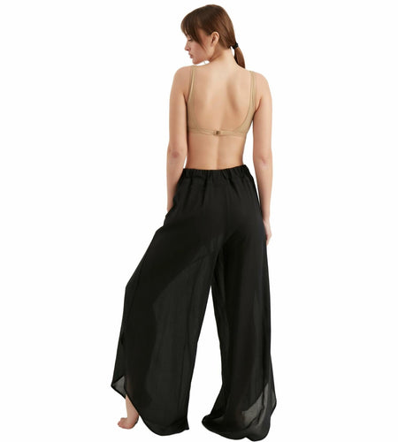 TUBANUR Women's Wide Leg Elastic Waist Slit Loose Pants Black Size XS