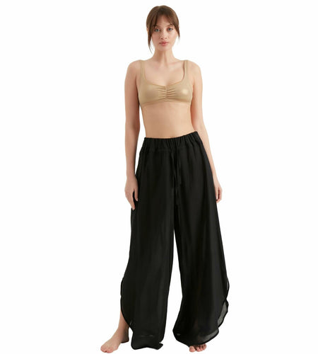 TUBANUR Women's Wide Leg Elastic Waist Slit Loose Pants Black Size XS