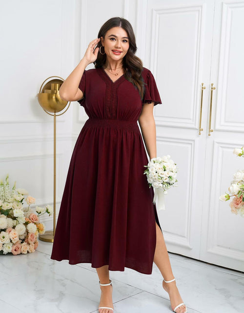 Load image into Gallery viewer, CICIDUDU Plus Size Lace V Neck Ruffle Sleeve Smocked Maxi Dress Burgundy Size 3X
