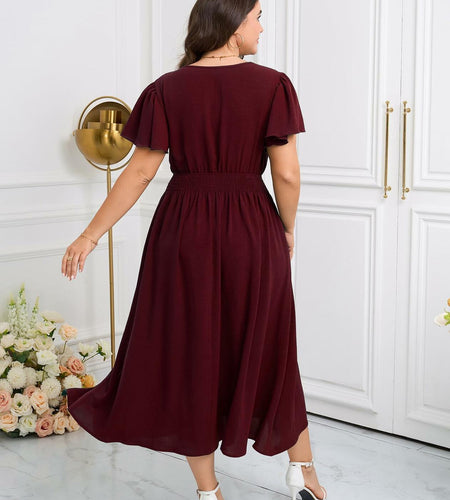CICIDUDU Plus Size Lace V Neck Ruffle Sleeve Smocked Maxi Dress Burgundy Size 3X