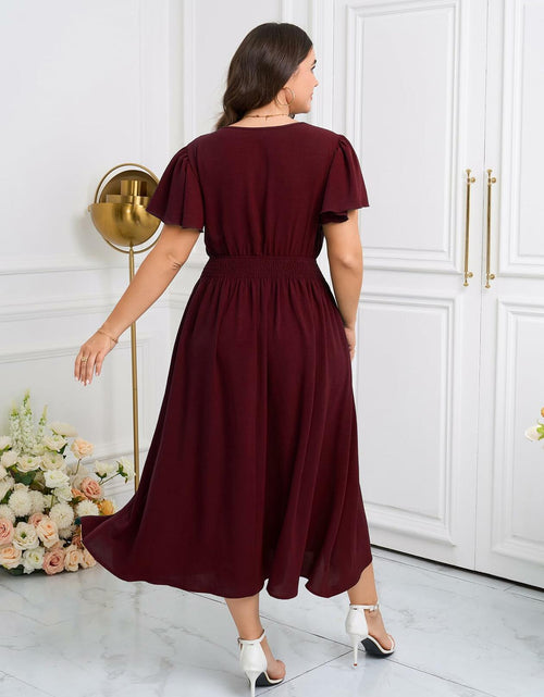 Load image into Gallery viewer, CICIDUDU Plus Size Lace V Neck Ruffle Sleeve Smocked Maxi Dress Burgundy Size 3X
