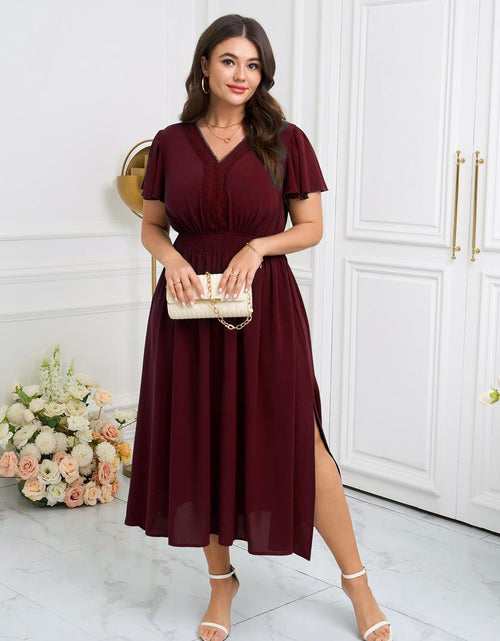 Load image into Gallery viewer, CICIDUDU Plus Size Lace V Neck Ruffle Sleeve Smocked Maxi Dress Burgundy Size 3X
