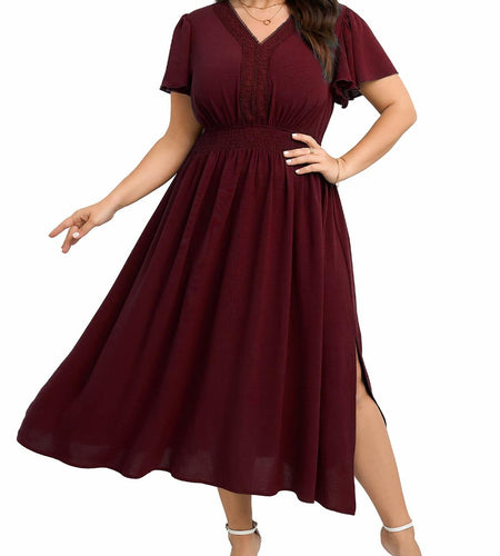 CICIDUDU Plus Size Lace V Neck Ruffle Sleeve Smocked Maxi Dress Burgundy Size 3X