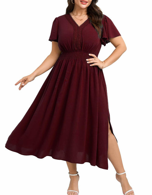Load image into Gallery viewer, CICIDUDU Plus Size Lace V Neck Ruffle Sleeve Smocked Maxi Dress Burgundy Size 3X
