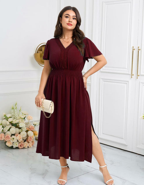 Load image into Gallery viewer, CICIDUDU Plus Size Lace V Neck Ruffle Sleeve Smocked Maxi Dress Burgundy Size 3X

