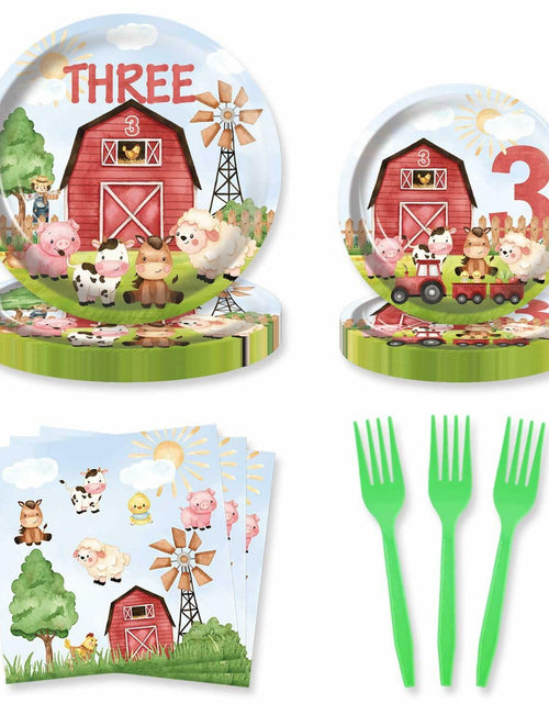Load image into Gallery viewer, HEETON Farm Boy Three Party Plate 9in Red Green Animal Print Birthday
