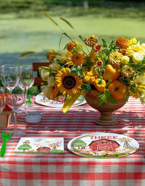 Load image into Gallery viewer, HEETON Farm Boy Three Party Plate 9in Red Green Animal Print Birthday
