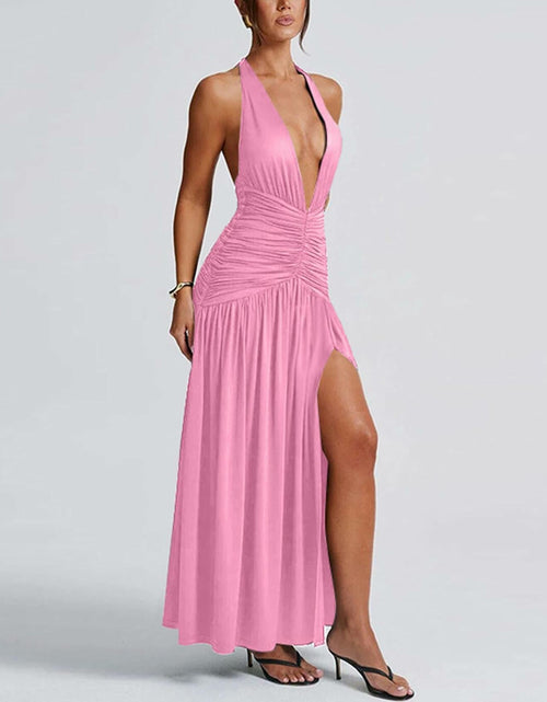Load image into Gallery viewer, Ekaliy Womens Sexy Halter Deep V Neck Maxi Dress Sleeveless Pink Size S
