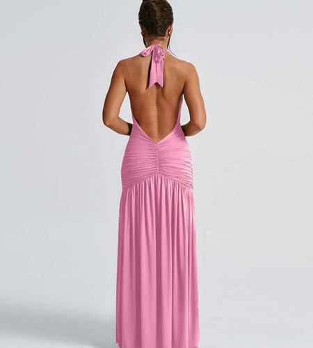 Ekaliy Womens Sexy Halter Deep V Neck Maxi Dress Sleeveless Pink Size S