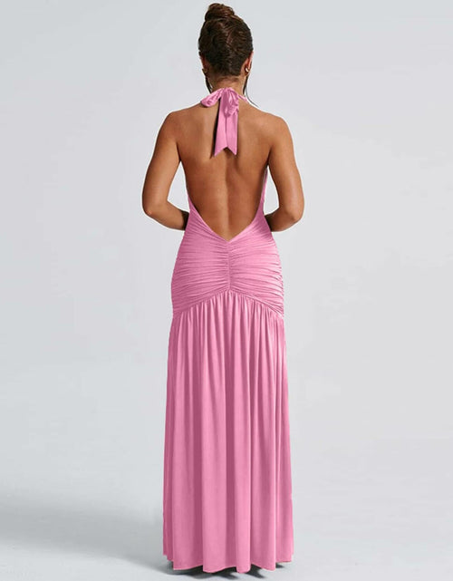 Load image into Gallery viewer, Ekaliy Womens Sexy Halter Deep V Neck Maxi Dress Sleeveless Pink Size S
