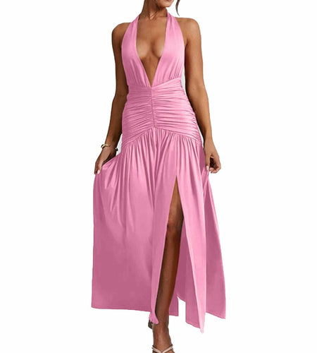 Ekaliy Womens Sexy Halter Deep V Neck Maxi Dress Sleeveless Pink Size S