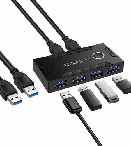 USB 3.0 KVM Switch 2 Computers Share 4 USB Devices One-Button + 2 USB Cables