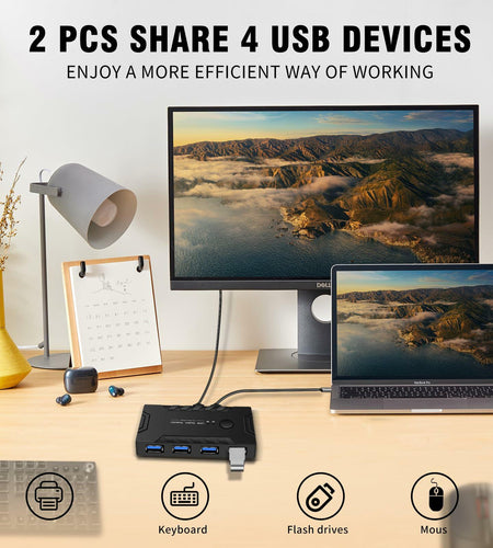 USB 3.0 KVM Switch 2 Computers Share 4 USB Devices One-Button + 2 USB Cables