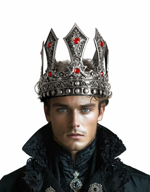 Load image into Gallery viewer, MCJC Medieval King Crown with Red Gems Adjustable Royal Tiara Bronze
