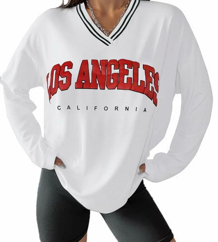 Hilinker Women's Oversized Graphic V Neck Long Sleeve Tee White Red Size L